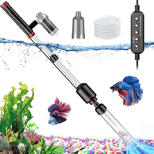 Suness Electric Aquarium Vacuum Gravel Cleaner: 24W Fish Tank Vacuum Gravel Cleaner with Strong Suction for Automatic Water Change Algae Remover Sand Wash Water Shower and Water Circulation, Timed Off